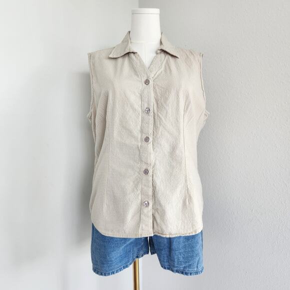 90s Classic Elements Tan White Plaid Sleeveless Flannel Shirt Button Down L - Picture 2 of 8